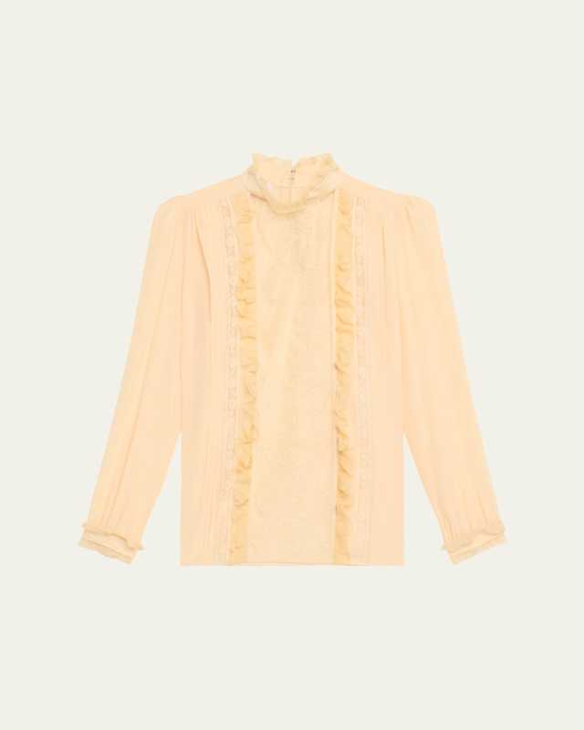 High-Neck Ruffle Lace-Bib Silk Blouse